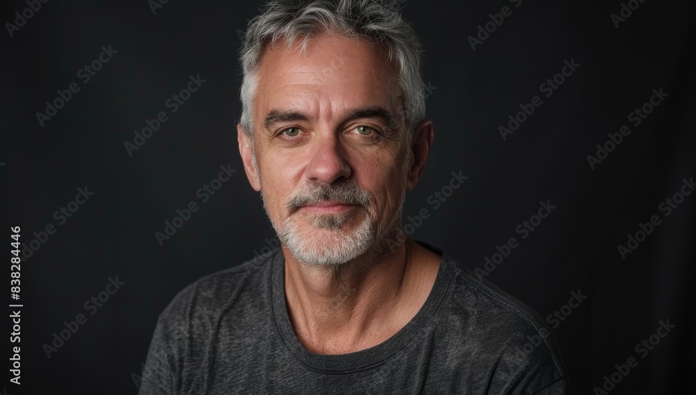 A handsome man with gray hair and a short beard, looking at the camera. mature businessman standing alone against a grey background in the studio and celebrating an achievement