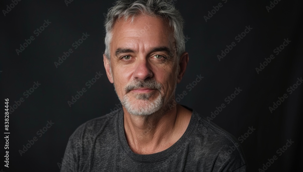 A handsome man with gray hair and a short beard, looking at the camera. mature businessman standing alone against a grey background in the studio and celebrating an achievement A handsome man with gray hair and a short beard, looking at the camera. mature businessman standing alone against a grey background in the studio and celebrating an achievement
