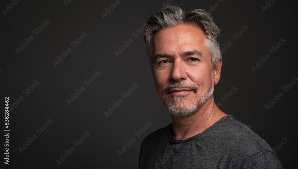 A handsome man with gray hair and a short beard, looking at the camera. mature businessman standing alone against a grey background in the studio and celebrating an achievement A handsome man with gray hair and a short beard, looking at the camera. mature businessman standing alone against a grey background in the studio and celebrating an achievement