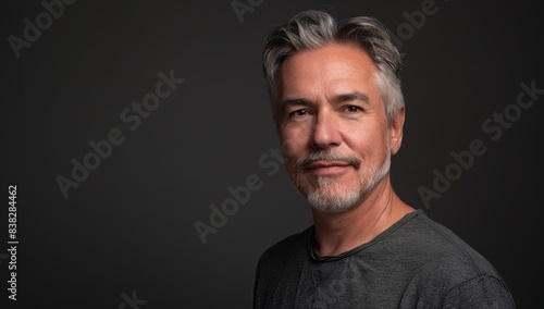 A handsome man with gray hair and a short beard, looking at the camera. mature businessman standing alone against a grey background in the studio and celebrating an achievement © MD Media