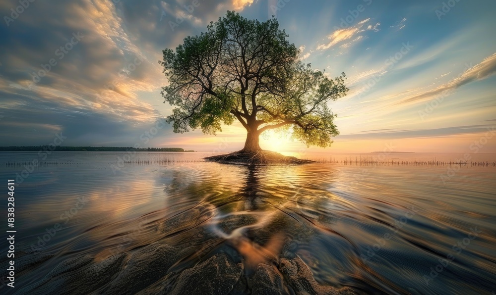 An isolated tree stands resiliently in a landscape bathed in the golden rays of a setting sun, with water reflections.