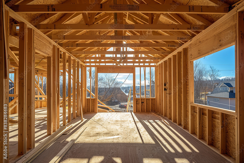 New residential construction home framing, Frame of the wooden house. The House on stilts. Summer, suburban construction New residential construction home framing, Frame of the wooden house. The House on stilts. Summer, suburban construction
