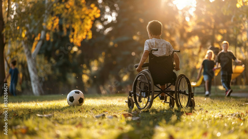 Inclusive Fun: Child in Wheelchair Enjoying Soccer Game with Friends in the Park