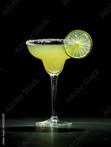 Green drink in a glass with a slice of lime on a black background