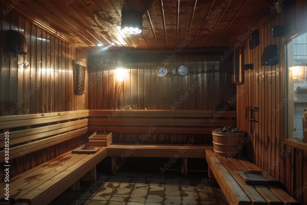 Cozy Wooden Sauna Interior with Benches Cozy Wooden Sauna Interior with Benches