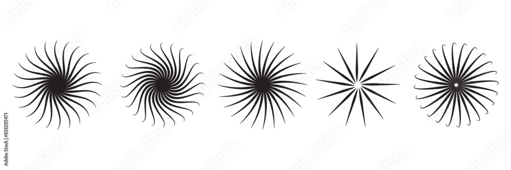 Radial circle lines. Symbol of Sun star rays. Spokes with radiating stripes grid. Set of circular lines elements. Flat design element. Abstract illusion geometric shape. Vector graphic illustration. Radial circle lines. Symbol of Sun star rays. Spokes with radiating stripes grid. Set of circular lines elements. Flat design element. Abstract illusion geometric shape. Vector graphic illustration.