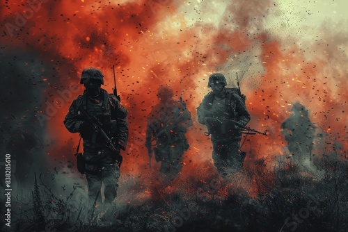 Soldiers Advancing Through Smoke and Fire