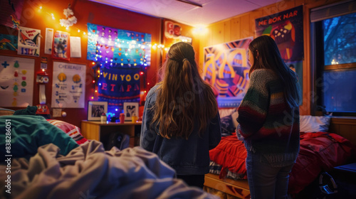 Creative Students Personalizing Their Dorm Room with Posters and Lights