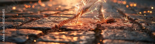 Illustrate a unique perspective of a sparkler burning brightly on a well-manicured cobblestone path photo