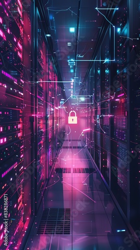 Illustrate a wide-angle view of a sleek server room, showcasing interconnected networks Include a prominent digitally enhanced padlock for data security