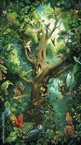 Illustrate a wide-angle view of a lush forest filled with wildlife thriving in their natural habitat photo