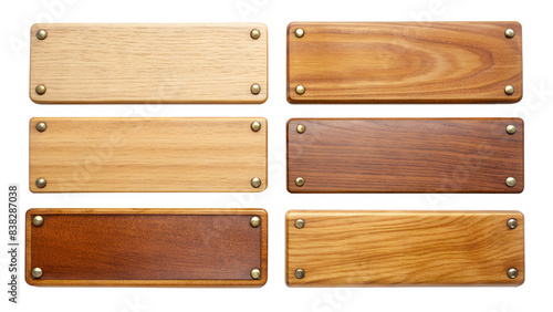 six rectangular wooden nameplates. Each slab has a different wood grain pattern and color