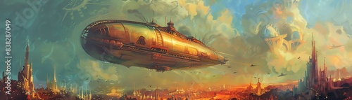 Illustrate an airship resembling Gaudis whimsical style, hovering over a surreal landscape to provoke awe photo