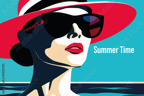 Summer time. Concept of summer party, vacation and travel. A woman in sunglasses and a hat relaxes on the beach under a striped umbrella
