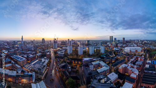 Break of dawn aerial shot of Birmingham skyline 