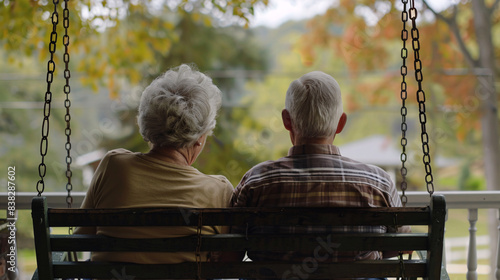 Elderly couple sitting together on porch swing, one partners onset of Alzheimers straining their lifelong bond and future