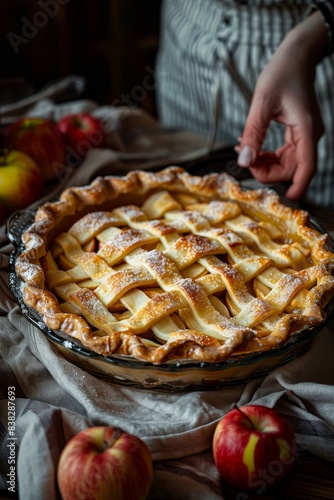 Female hands preparing apple pie in glass bakeware homemade