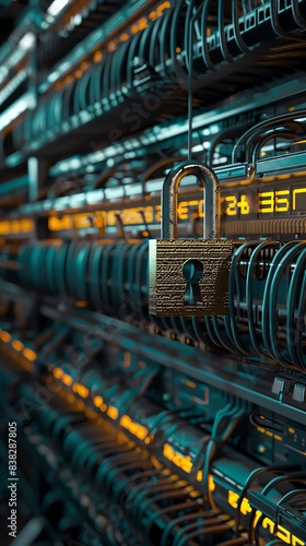 Produce a photorealistic image of a vast server farm, emphasizing the complexity of networks Incorporate a prominent metallic padlock as a symbol of robust data protection