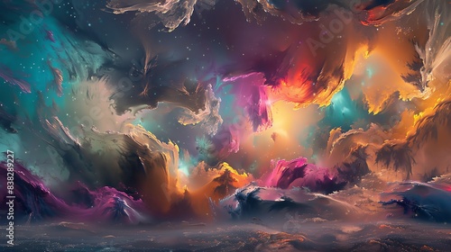 Capture a mesmerizing panoramic view of an otherworldly landscape merging with enchanting swirls of colorful smoke photo