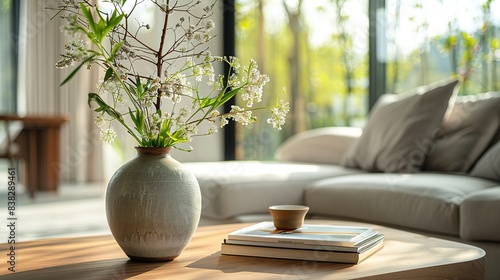 A detailed and focused look at a modern living room with a round wooden coffee table adorned with a vase of blooming plum blossoms, a beige sofa, and a grey glass window in the backdrop