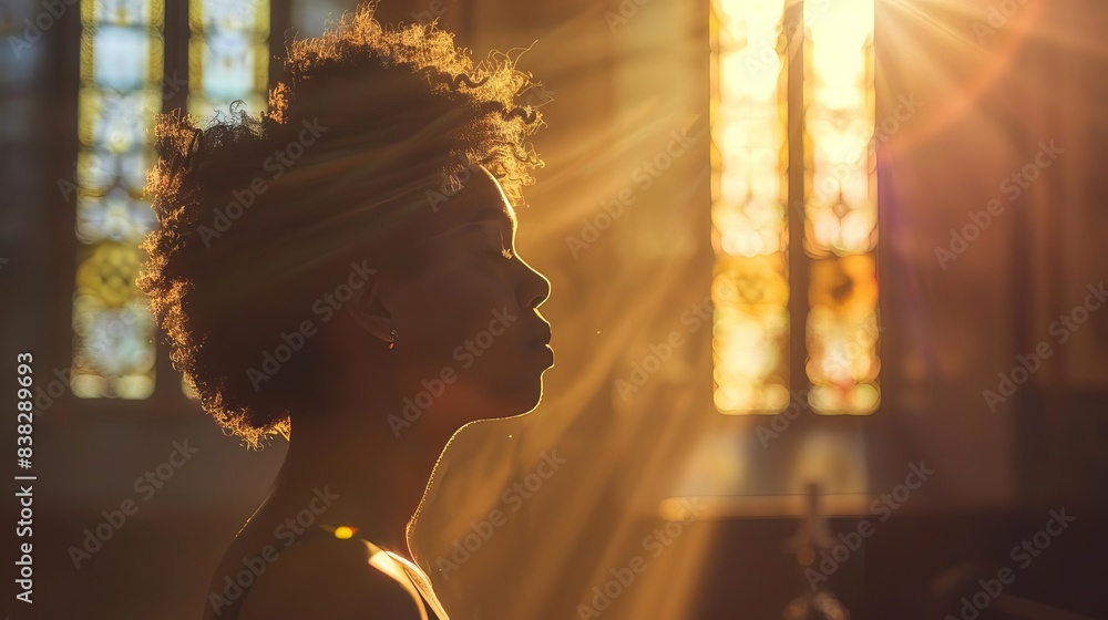 spiritual black woman praying in church divine sunbeams shining through ...