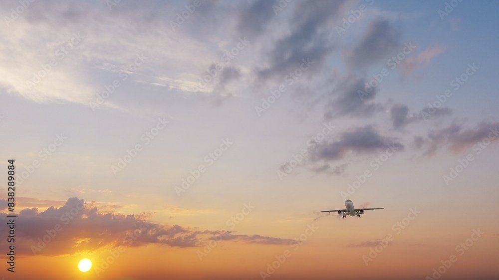 Airplane in the sky at sunset. Air transportation. Travel. Airplane Takes Off Against the Background of Blue Sky. Airplane in the sky at sunset. Air transportation. Travel. Airplane Takes Off Against the Background of Blue Sky.