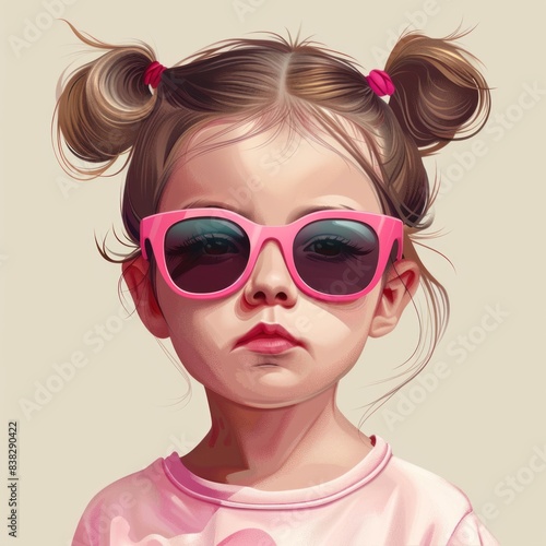 Cute little girl wearing pink sunglasses. Vector illustration