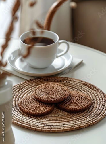 A Cup of Coffee and Crispy Brown Cookies on a Wicker Coaster