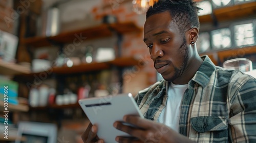 Serious black man browsing tablet during work in shop © Bi