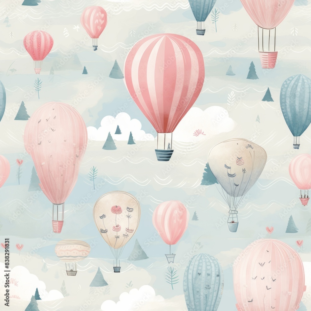 Naklejka premium Charming pastel hot air balloons floating in a whimsical sky with clouds and trees. Ideal for nursery decor and print.