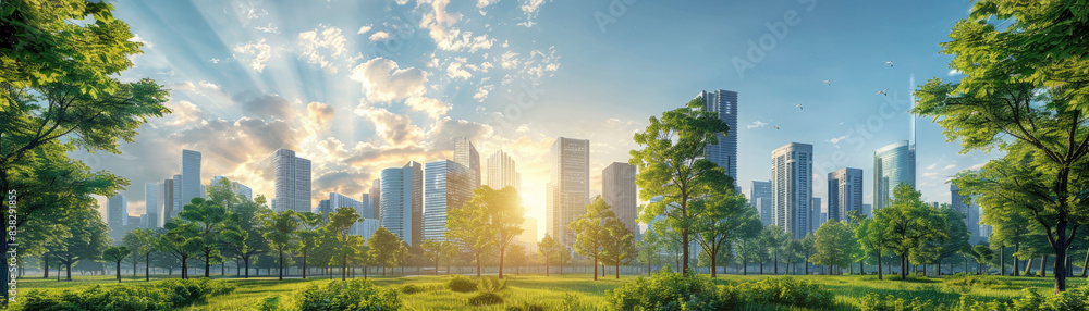 Obraz premium Modern city featuring lush green parks and renewable energy sources, with futuristic architecture and a clear sky, highlighting sustainability and eco-friendly urban planning.