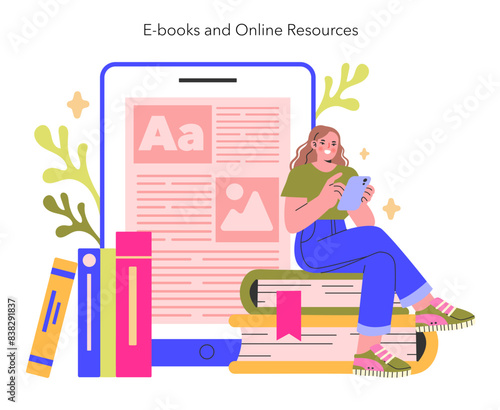 E-books and Online Resources concept A learner engrossed in digital reading material, surrounded by traditional books, blending old and new knowledge mediums Vector illustration