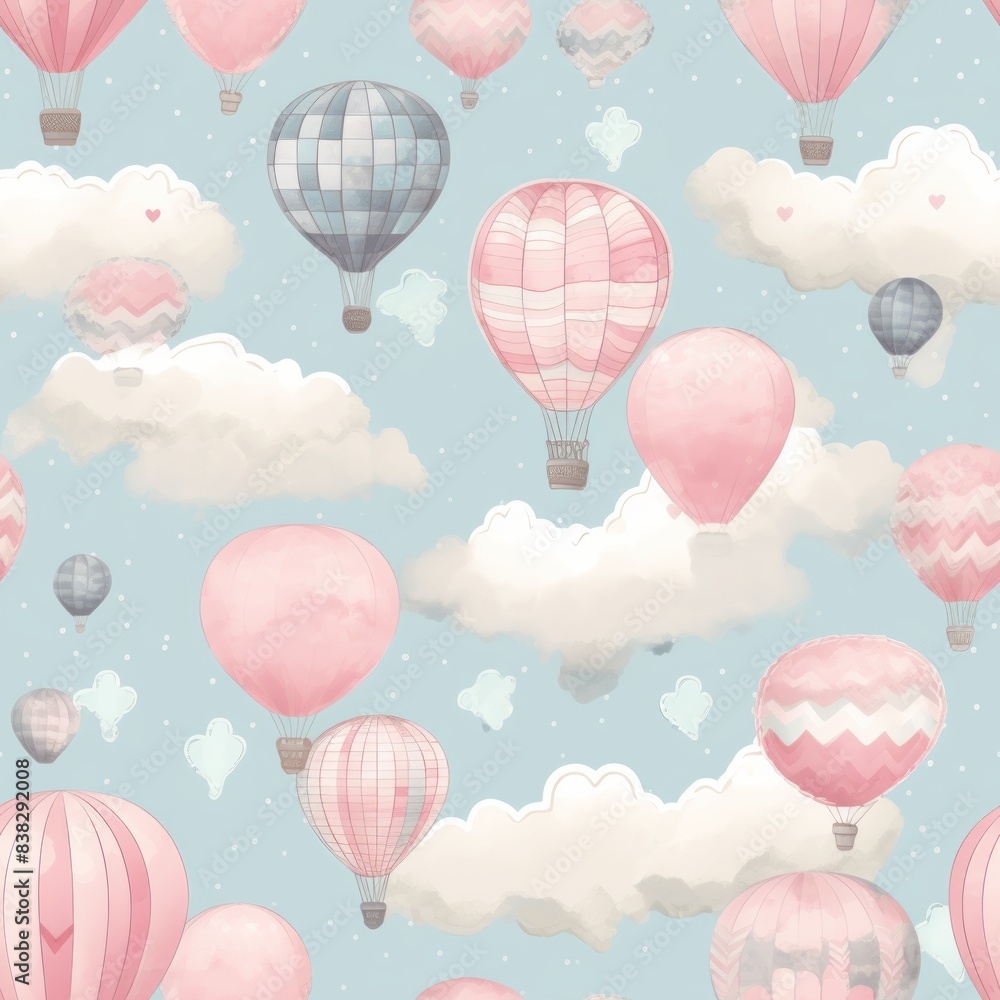 Charming pastel hot air balloons floating in a whimsical sky with clouds and trees. Ideal for nursery decor and print. Charming pastel hot air balloons floating in a whimsical sky with clouds and trees. Ideal for nursery decor and print.