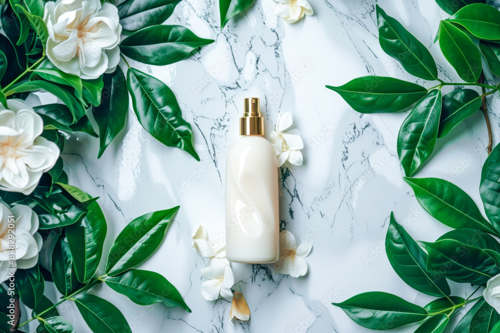 Luxurious body lotion bottle with white flowers Luxurious body lotion bottle with white flowers