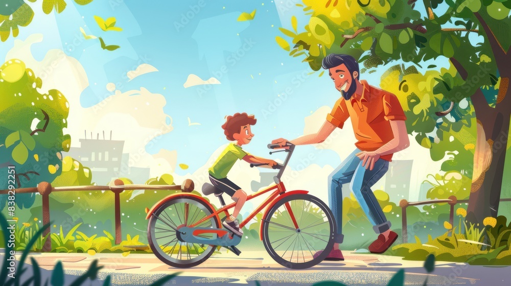 Obraz premium A father helps his son hold the bicycle his son rides to teach cycling in a park road. Cartoon image.