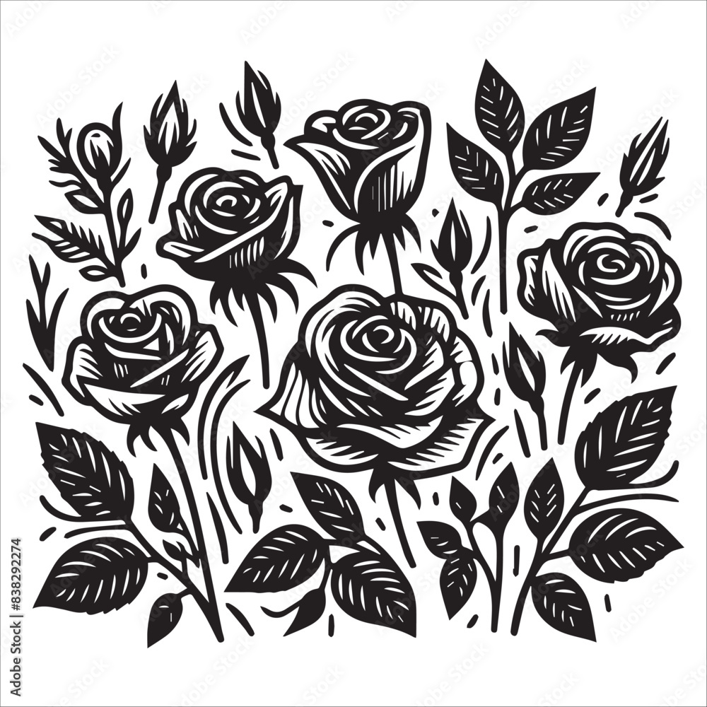 Roses Flowers and Plants, vector illustration, silhouette Roses Flowers and Plants, vector illustration, silhouette