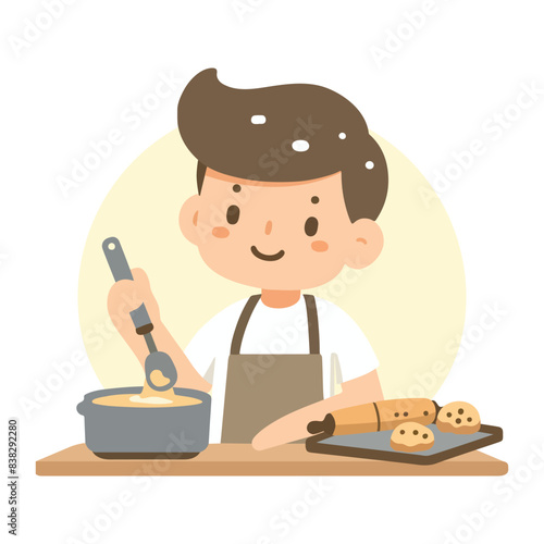Boy baking cookies in the kitchen flat style vector illustration