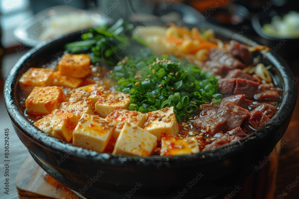 Sukiyaki - Hot pot with thinly sliced beef, vegetables, tofu, and noodles in a sweet soy sauce broth. Sukiyaki - Hot pot with thinly sliced beef, vegetables, tofu, and noodles in a sweet soy sauce broth.
