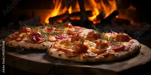 Image of Italian pizza cooked in woodfired oven traditional Italian style. Concept Italian Cuisine, Wood-fired Oven, Traditional Cooking, Pizza Preparation, Food Photography photo