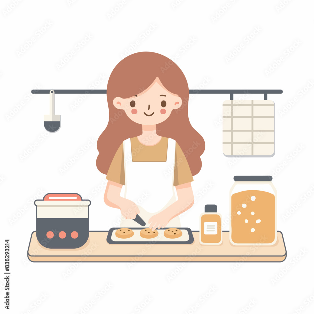Young girl baking cookies in the kitchen flat style vector illustration Young girl baking cookies in the kitchen flat style vector illustration