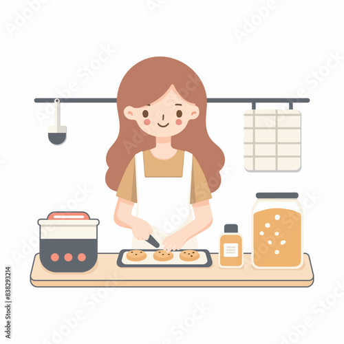 Young girl baking cookies in the kitchen flat style vector illustration