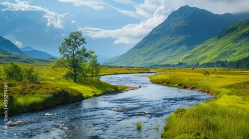 Serene highland landscape with meandering river