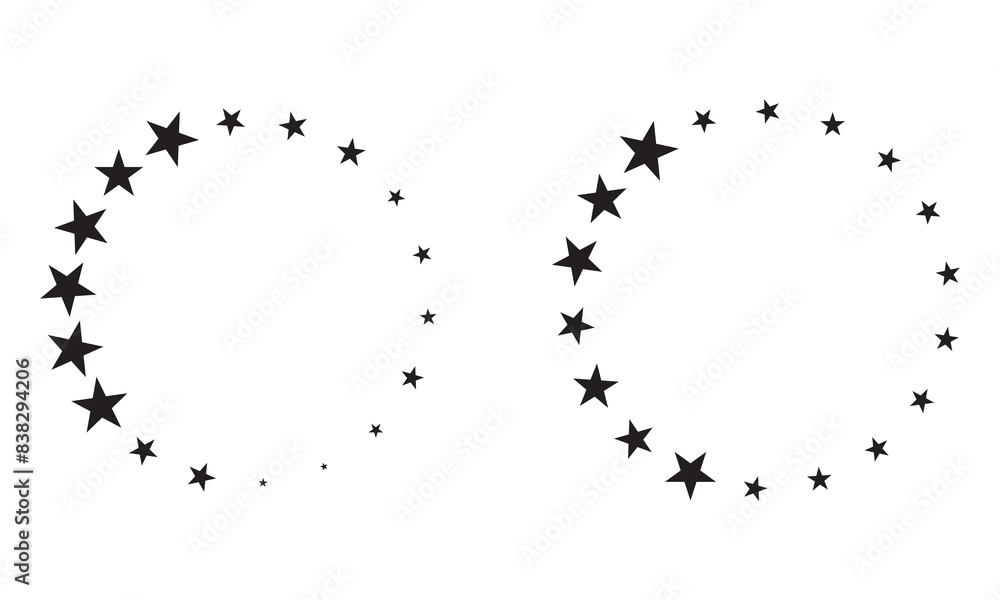 Fototapeta premium Stars of various sizes arranged in a circle. Round frame, border. Black star shape, simple symbol. Design element, ornament. Vector illustration