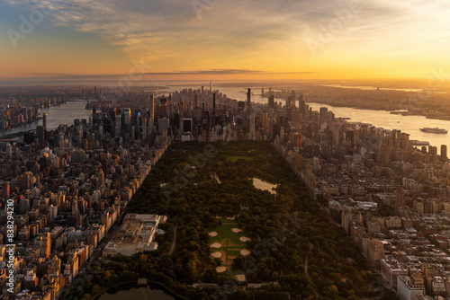 Aerial View of Ney York City in the Sunset Time