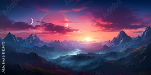 Neon sunset sky over mountains in retro synthwave style. Concept Synthwave Aesthetic  Retro Vibes  Neon Sunset Sky  Mountain Landscape
