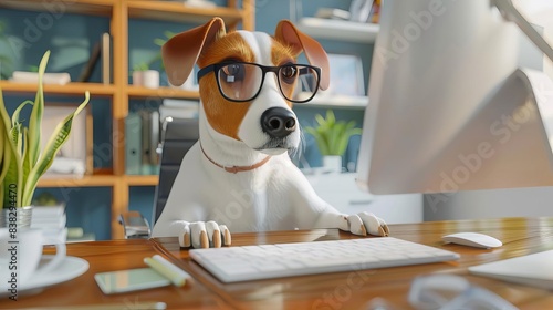 studious canine entrepreneur working at office desk 3d illustration