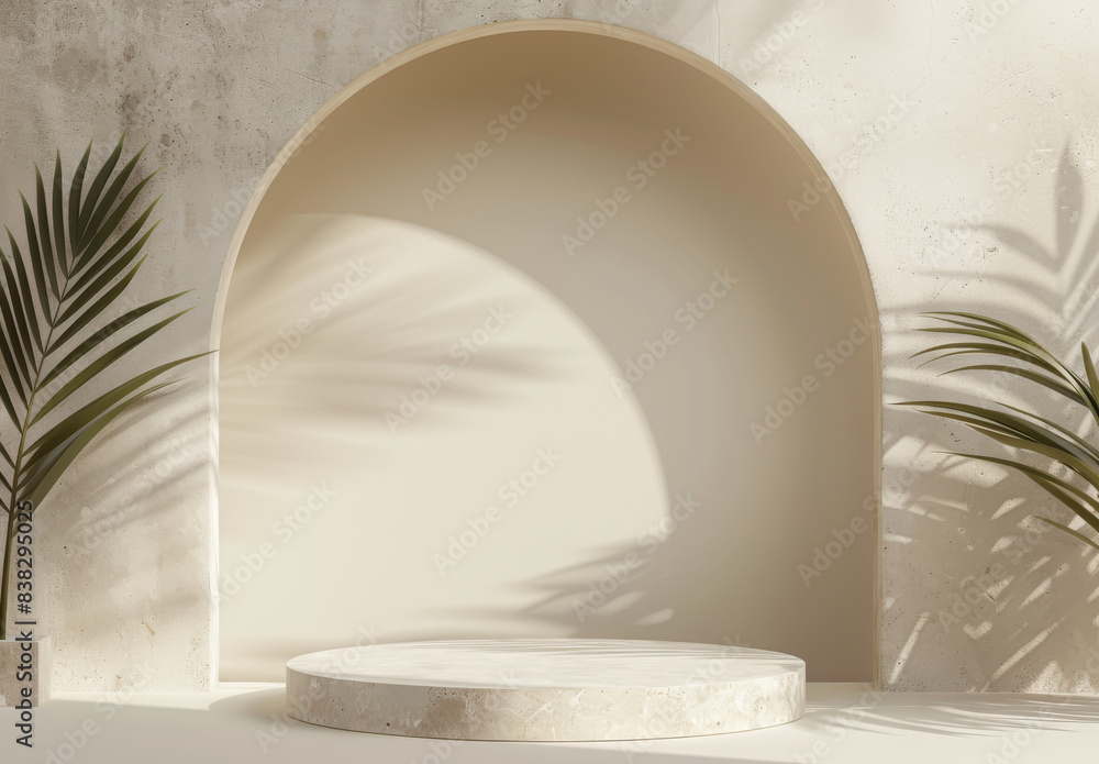 podiums with silhouettes of palm trees on a white wall. podiums with silhouettes of palm trees on a white wall.