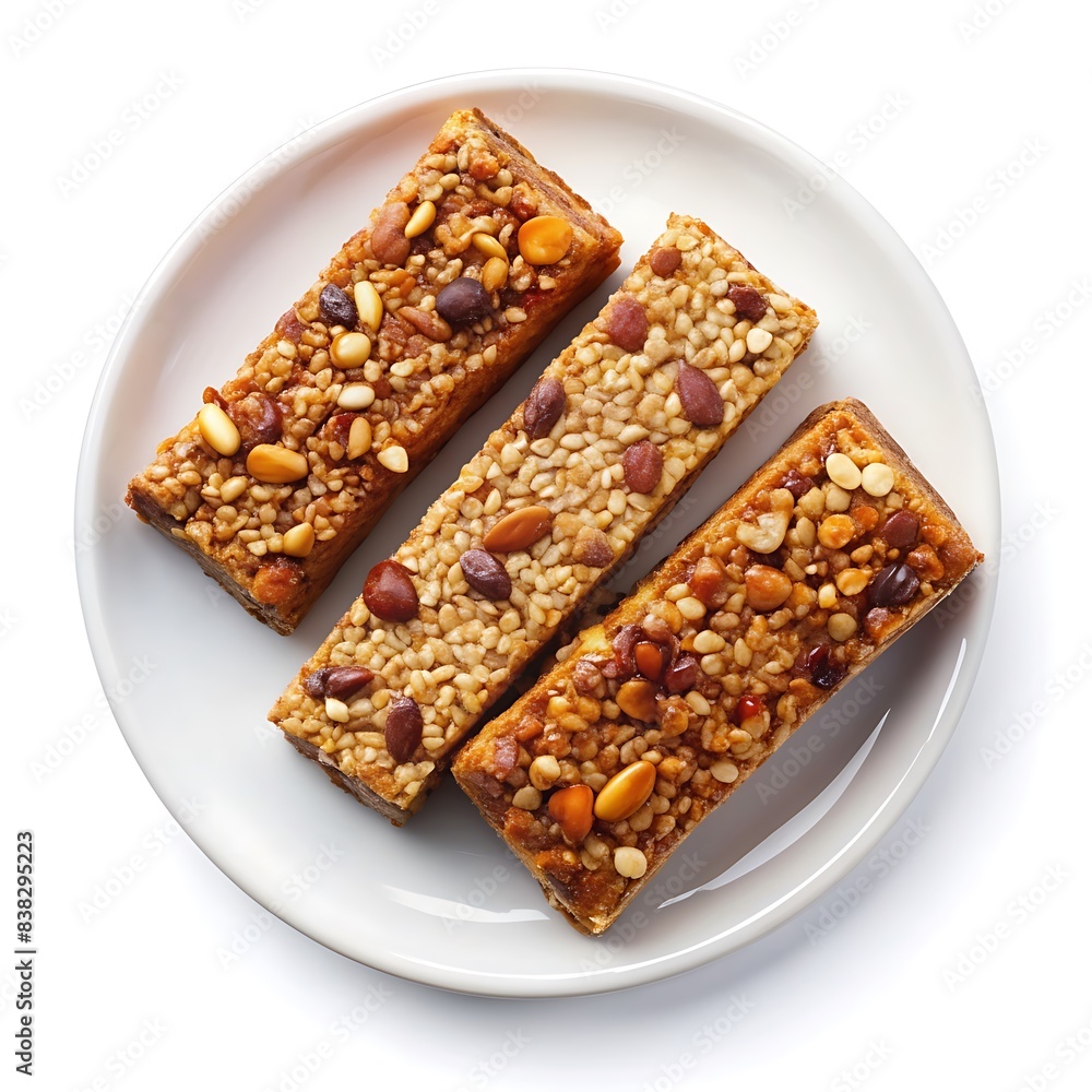 Homemade protein power bars in plate isolated on white background. Homemade protein power bars in plate isolated on white background.