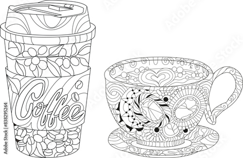 Cup of coffee beverage with abstract ornaments for coloring.