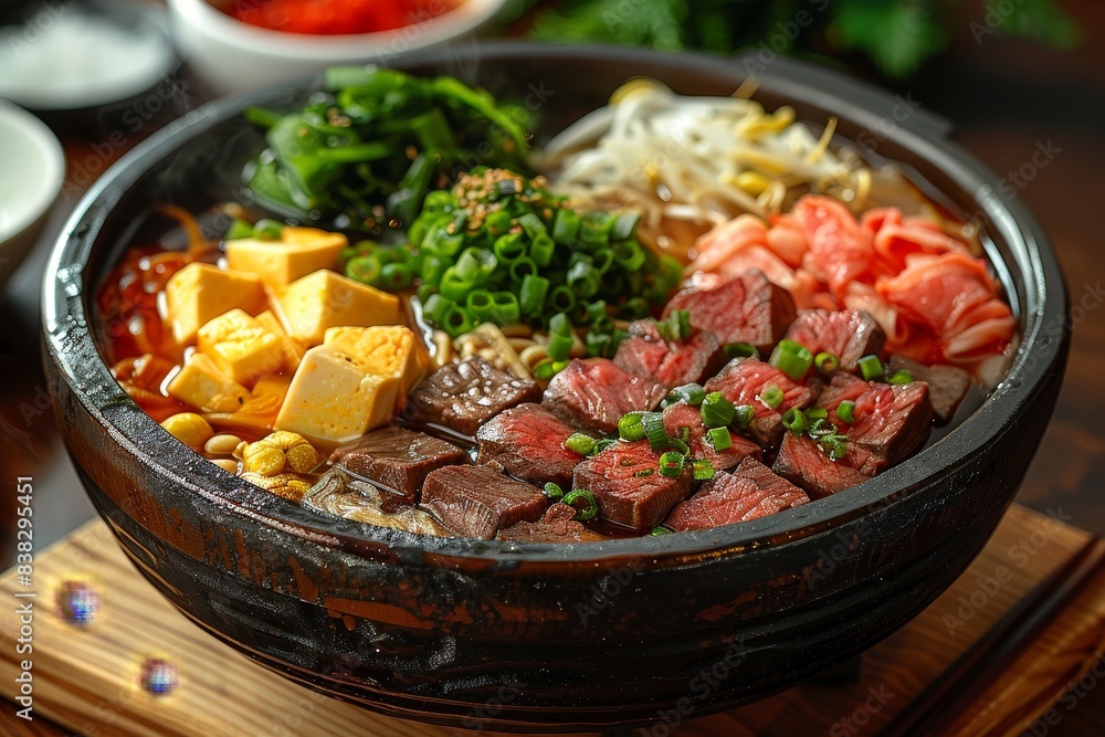 Sukiyaki - Hot pot with thinly sliced beef, vegetables, tofu, and noodles in a sweet soy sauce broth. Sukiyaki - Hot pot with thinly sliced beef, vegetables, tofu, and noodles in a sweet soy sauce broth.